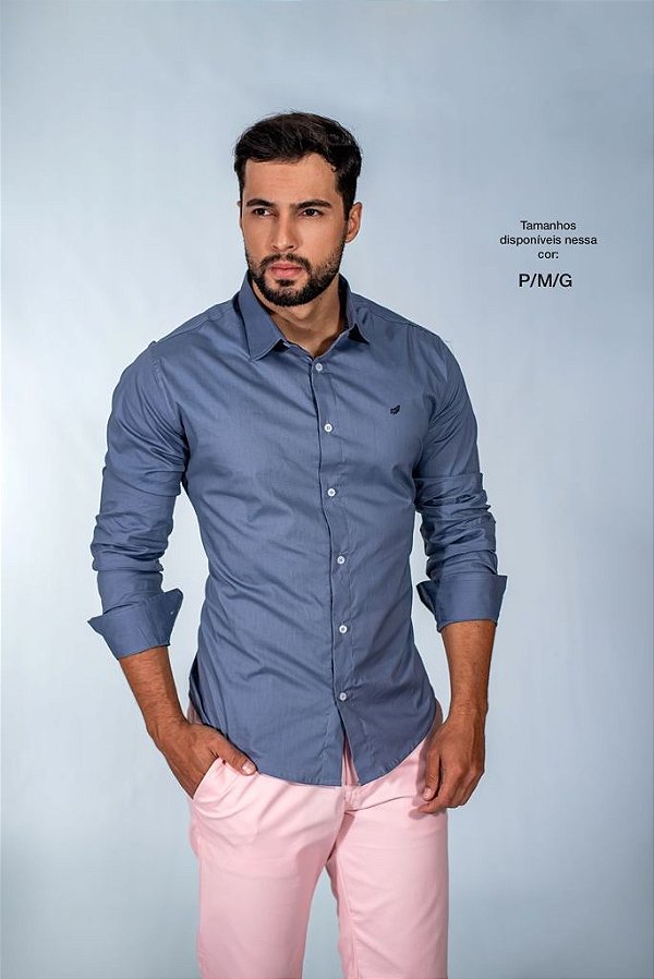 Camisa Slim Fit Masculina cinza Luxo Manga Longa Promoção