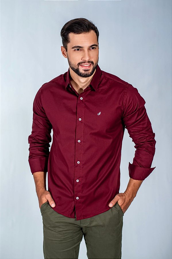 Camisa Slim Fit Masculina Bordô Luxo Manga Longa Promoção