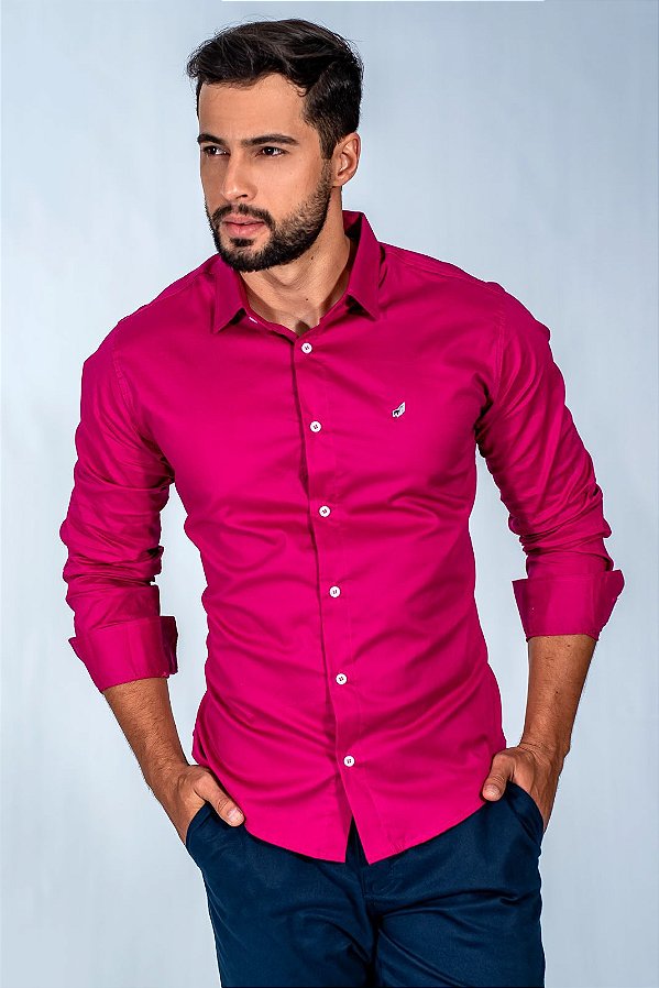 Camisa Slim Fit Masculina Rosa pink Luxo Manga Longa Promoção