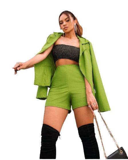 Conjunto Feminino Linho Blazer Short Top Lurex Faixa