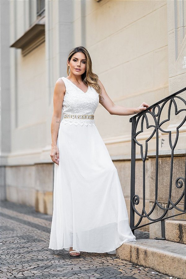 Vestido Longo Festa madrinha casamento com Gupir e Pedraria