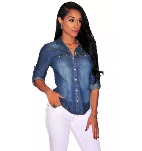 Camisa Jeans Feminina Azul manga longa