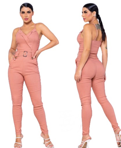 Macacão jardineira Feminina Longo com cinto e Bojo