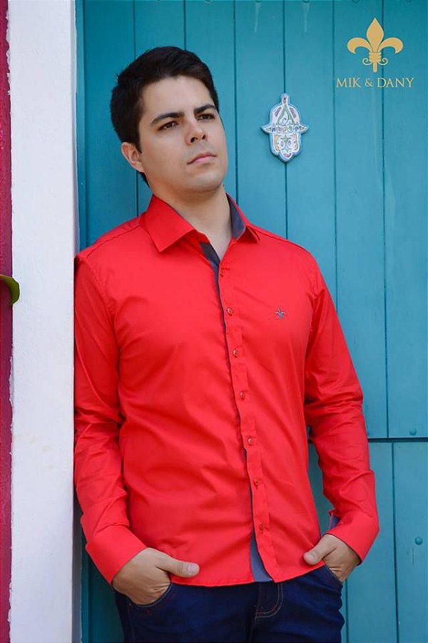 Camisa social masculina manga longa Vermelho original