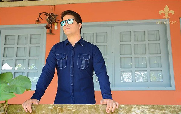 Camisa social masculina manga longa Jeans Azul original