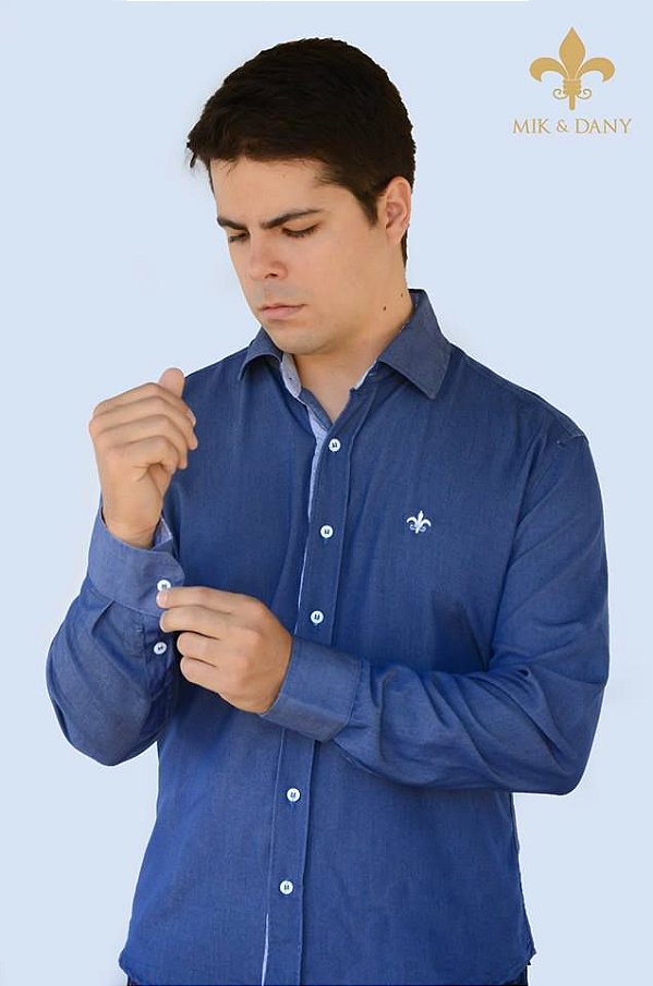 Camisa social masculina manga longa azul Royal