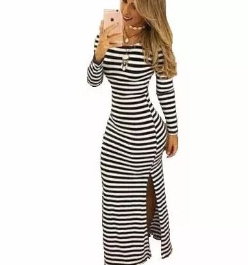 Vestido Longo Com Fenda Lateral Moda Blogueira Listrado