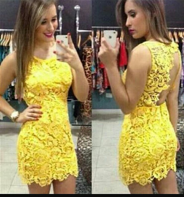 Vestido amarelo Curto Festa Balada Blogueira Renda Guipir
