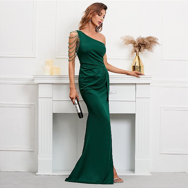 Vestido Festa Verde Longo Formatura feminino Alça única fenda sexy