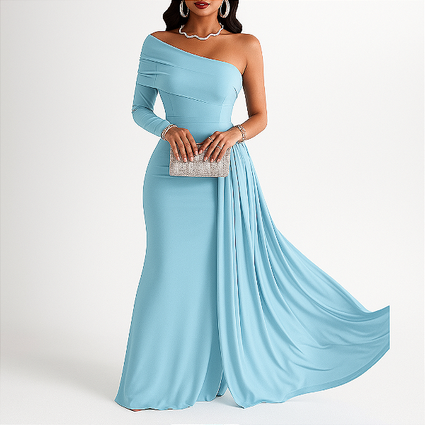 Vestido Longo Azul serenity Obro único Elegante para Mães de Noivos com Manga Comprida e Decote Assimétrico