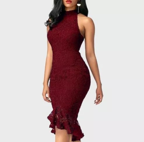 Vestido de Festa Midi Marsala em renda com Babado