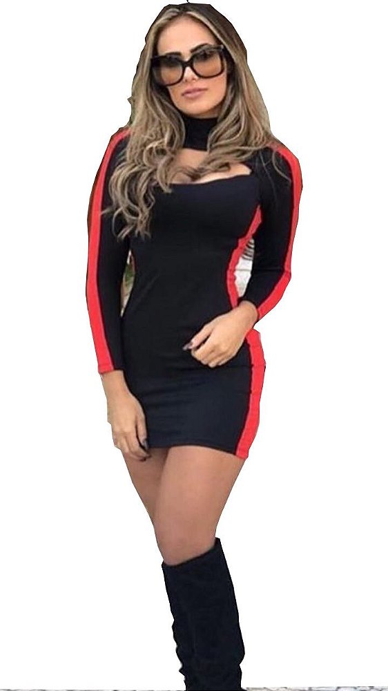 Vestido Curto Manga Longa Colado Blogueira Bengaline - Preto - Único