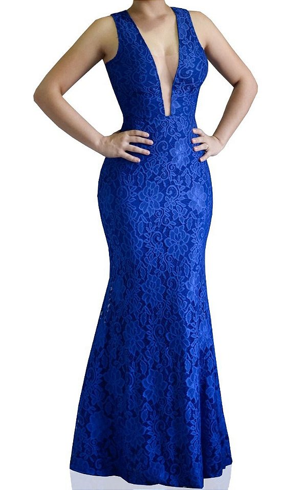 Vestido de Festa Longo Renda Madrinha Decote V Tule