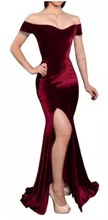 Vestido de Festa longo Fenda Veludo sereia Ombro a Ombro