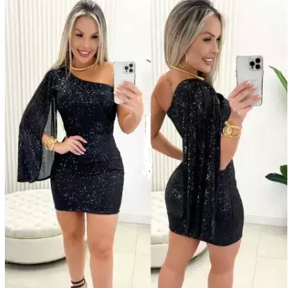 Vestido Tubinho De Festa Preto Feminino Curto Manga Unica Luxo Paetê
