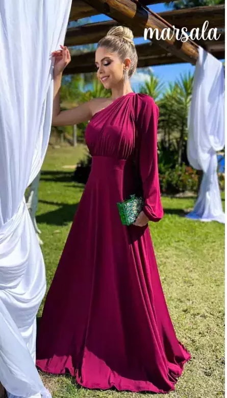 Vestido de Festa Marsala social Social Madrinhas Casamentos Convidadas