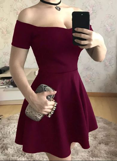 Vestido de festa curto princesa cintura marcada Marsala