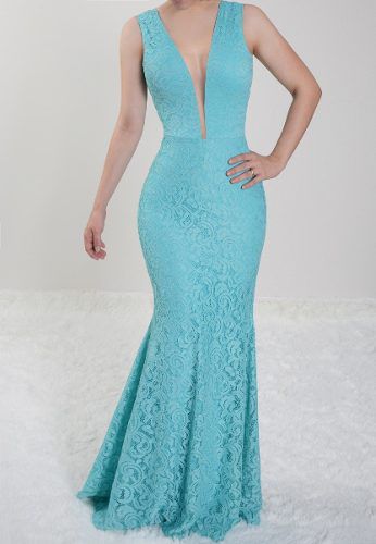 Vestido Azul Tiffany Longo Festa Madrinha de Casamento em renda