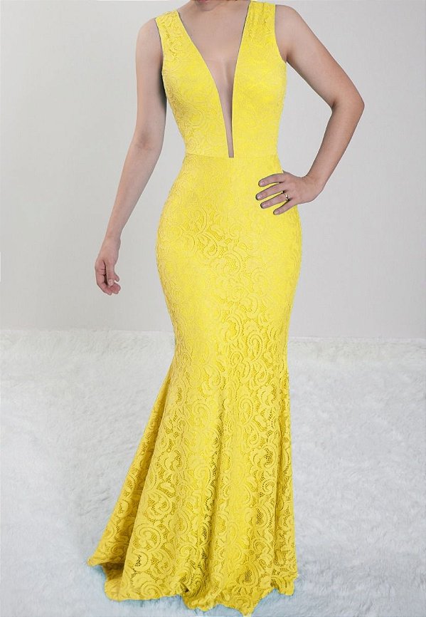 Vestido Amarelo Longo Festa Madrinha de Casamento em renda