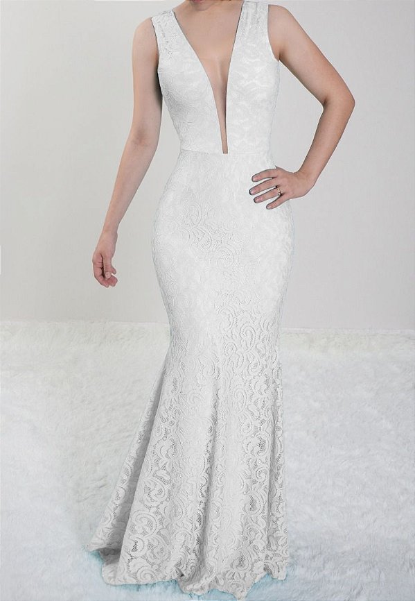 Vestido Branco Longo Noiva Festa Madrinha de Casamento sereia em renda