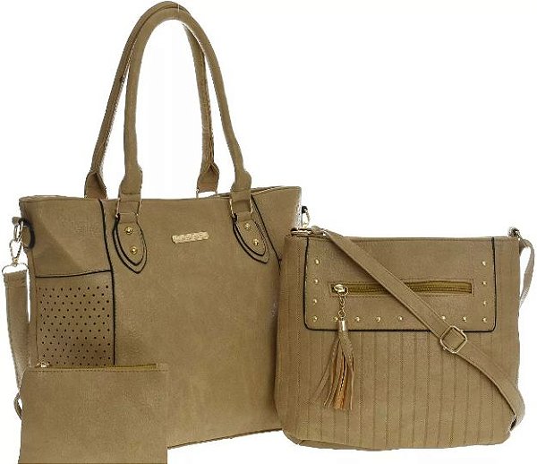 Bolsa Feminina em couro Transversal Ombro Bege Kit 3 peças