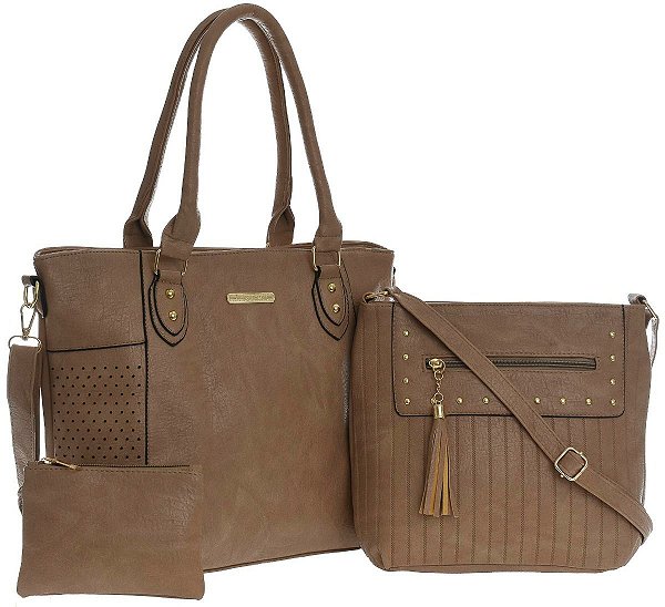 Bolsa Feminina em couro Transversal Ombro Tabaco Kit 3 peças