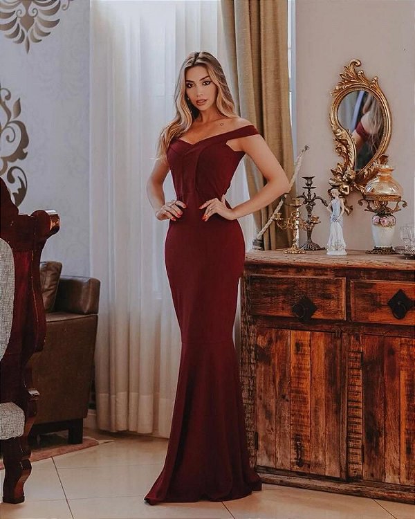 Vestido Marsala Festa Longo Sereia Ombro A Ombro Madrinha Casamento Formatura