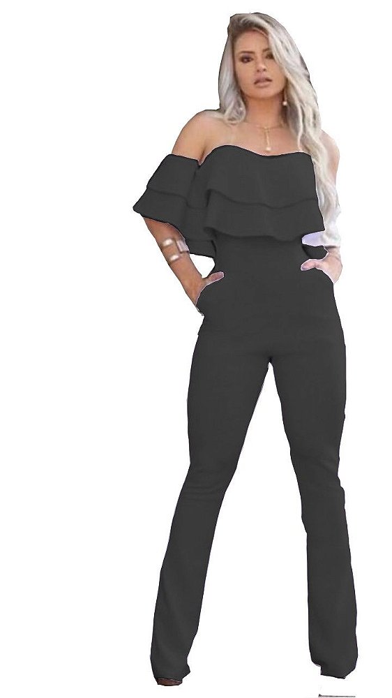 macacão feminino social de babado flare ciganinho Preto