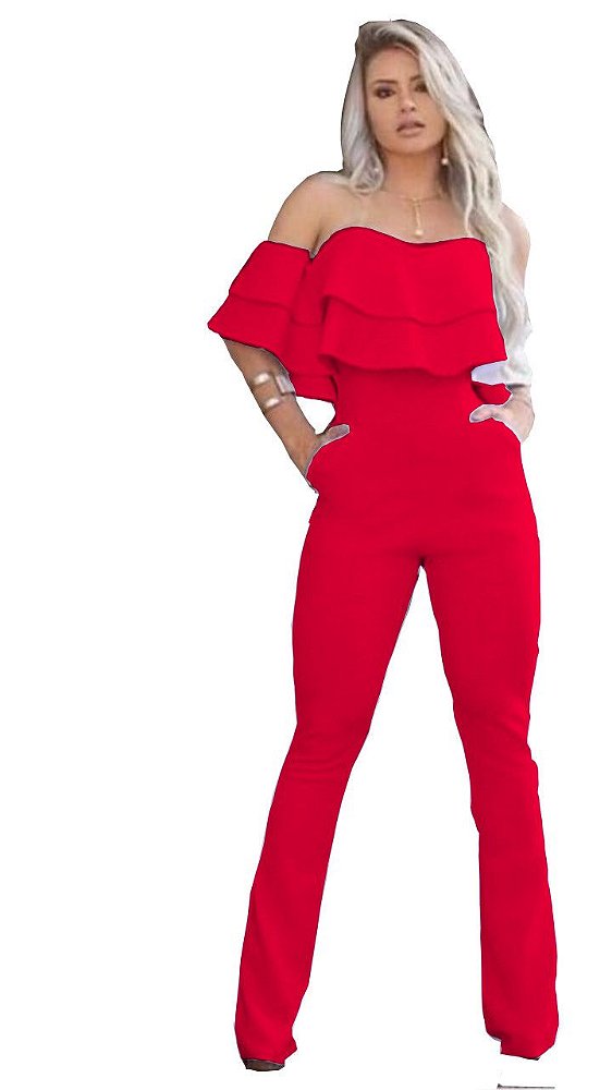 macacão feminino social de babado flare ciganinho Vermelho