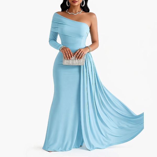 Vestido Mãe de Noiva Azul Serenity Longo Ombro Único