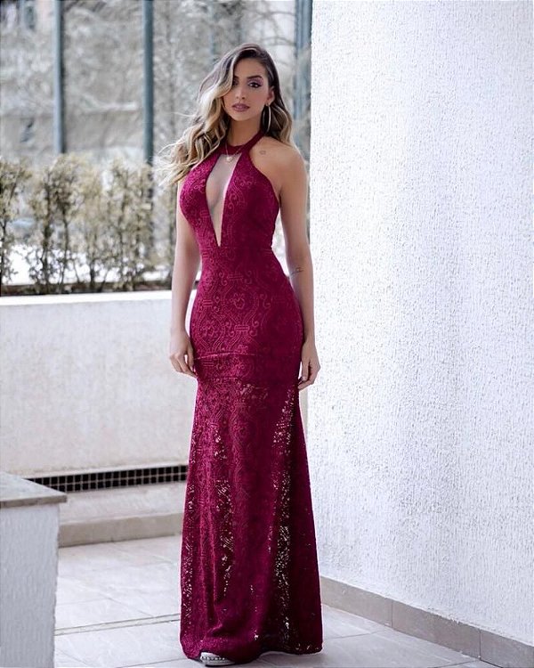 Vestido Marsala Longo Renda Sereia  Decote Tule Festa Madrinha casamento