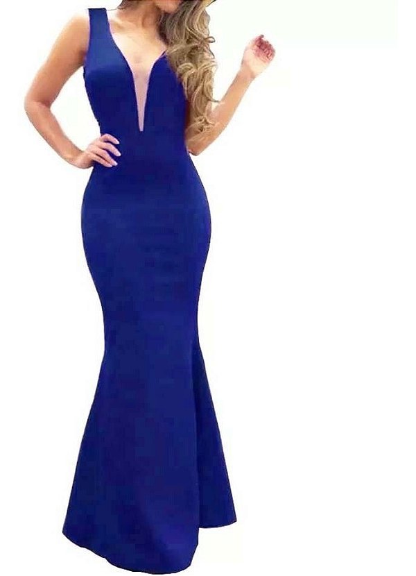 Vestido longo Festa sereia Decote em V Tule Madrinha casamento Azul Royal