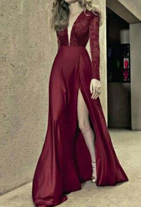 Vestido Marsala Fenda Longo Festa Madrinha casamento Formatura