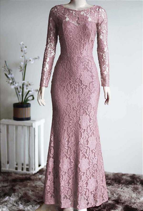 Vestido Rose manga Longa Renda Festa madrinha Casamento Formatura