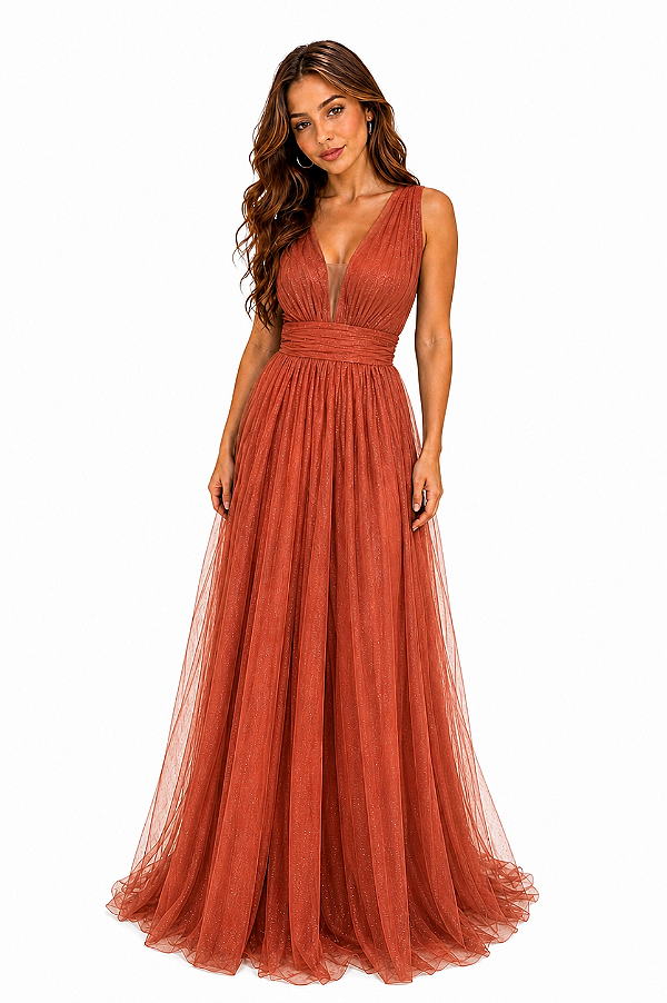 Vestido Terracota Longo de Festa em Tule para Madrinha de Casamento Elegante