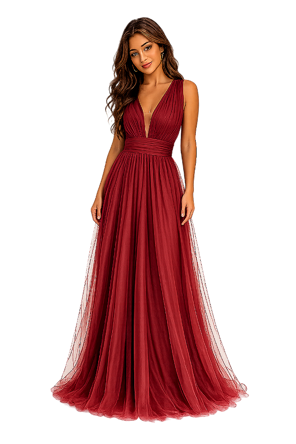 Vestido Longo de Festa em Tule para Madrinha e Formatura Elegante
