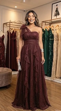Vestido de Festa Longo Tule Ombro Único Madrinha Formatura Glitter - Marsala Rose Lavender Preto Verde