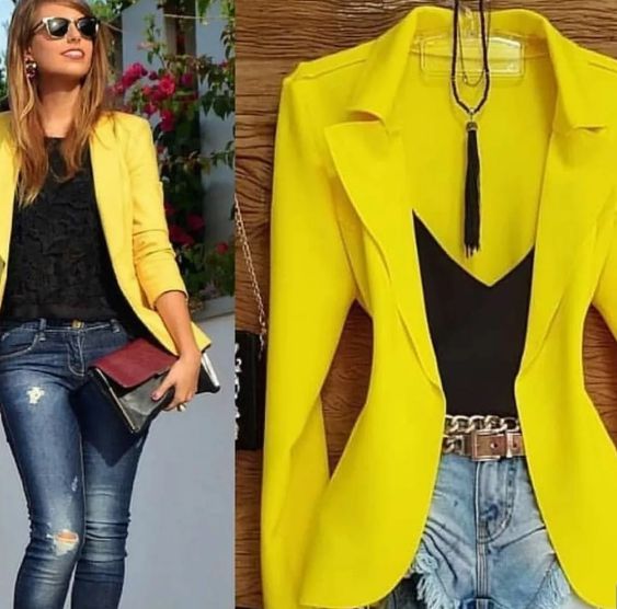 Blazer Amarelo Slim Fit Feminino Acinturado Social