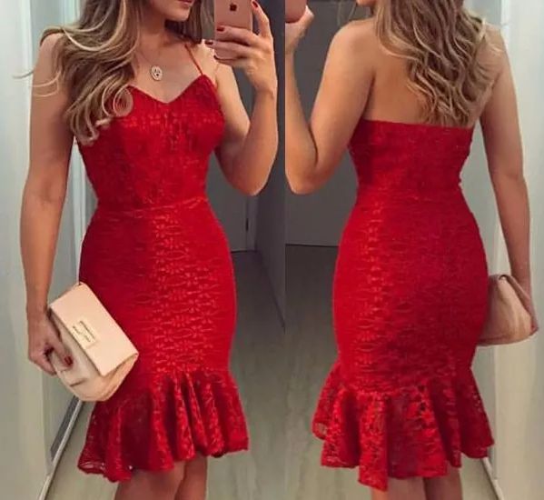 Vestido Vermelho Midi Festa Madrinha casamento Com Babado