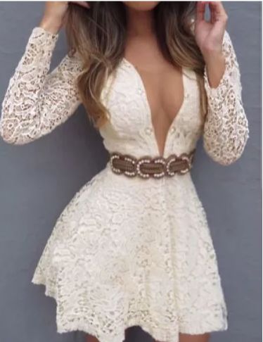 Vestido Curto Feminino Branco Manga Longa Festa balada em Renda