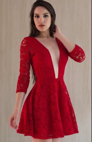 Vestido Curto Feminino Vermelho Manga Longa Festa balada em Renda