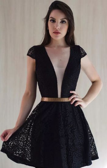 Vestido Curto Feminino Preto Manga Longa Festa balada em Renda