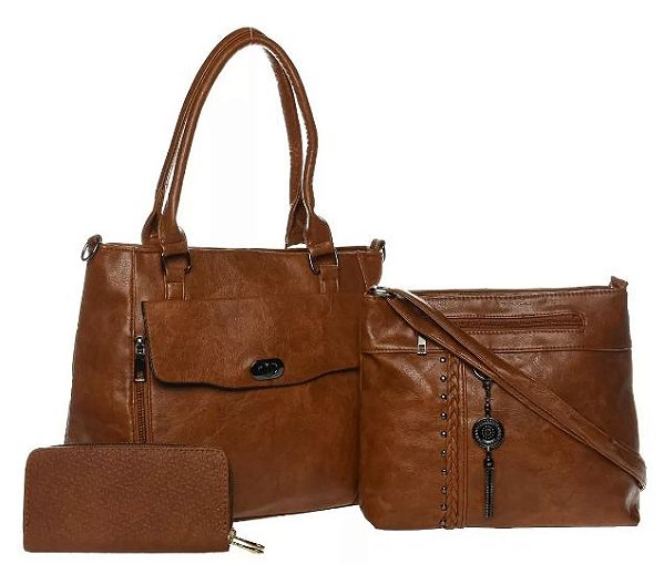 Kit Bolsa Feminina de Couro Marrom Transversal Ombro