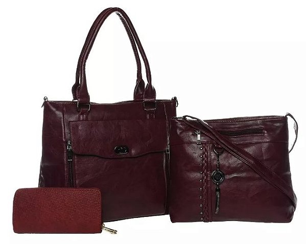 Kit Bolsa Feminina de Couro Vinho Transversal Ombro