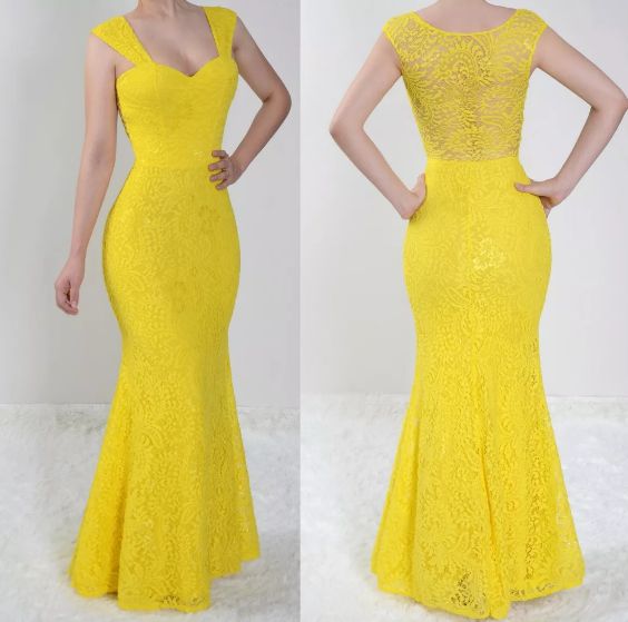 Vestido madrinha Casamento festa Renda Longo Sereia Amarelo