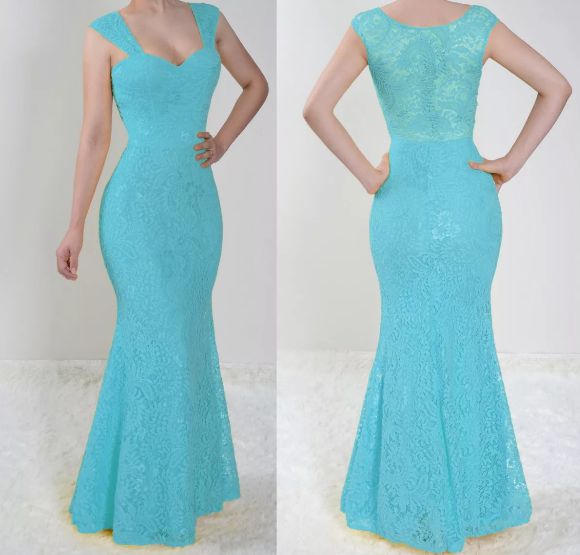 Vestido madrinha Casamento festa Renda Longo Sereia Azul Serenity