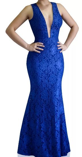 Vestido Longo Madrinha acompanhante Festa Renda decote V Tule Azul Royal