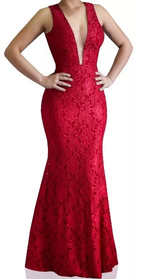 Vestido Longo Madrinha acompanhante Festa Renda decote V Tule Vermelho