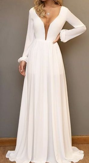 Vestido Madrinha Casamento Formatura Decote V Manga Longa Branco