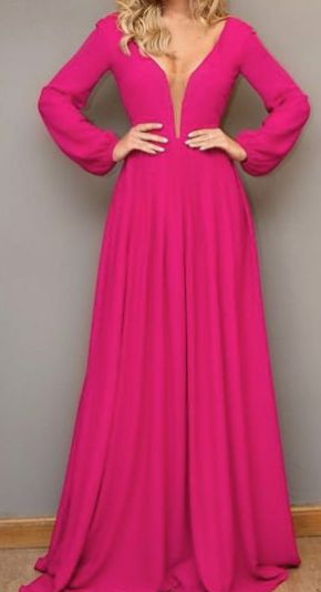 Vestido Madrinha Casamento Formatura Decote V Manga Longa Pink